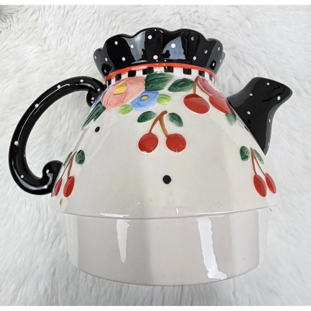 VTG Mary Engelbreit Ceramic Tea For One Set Cherry Floral Dot Stackable Teapot